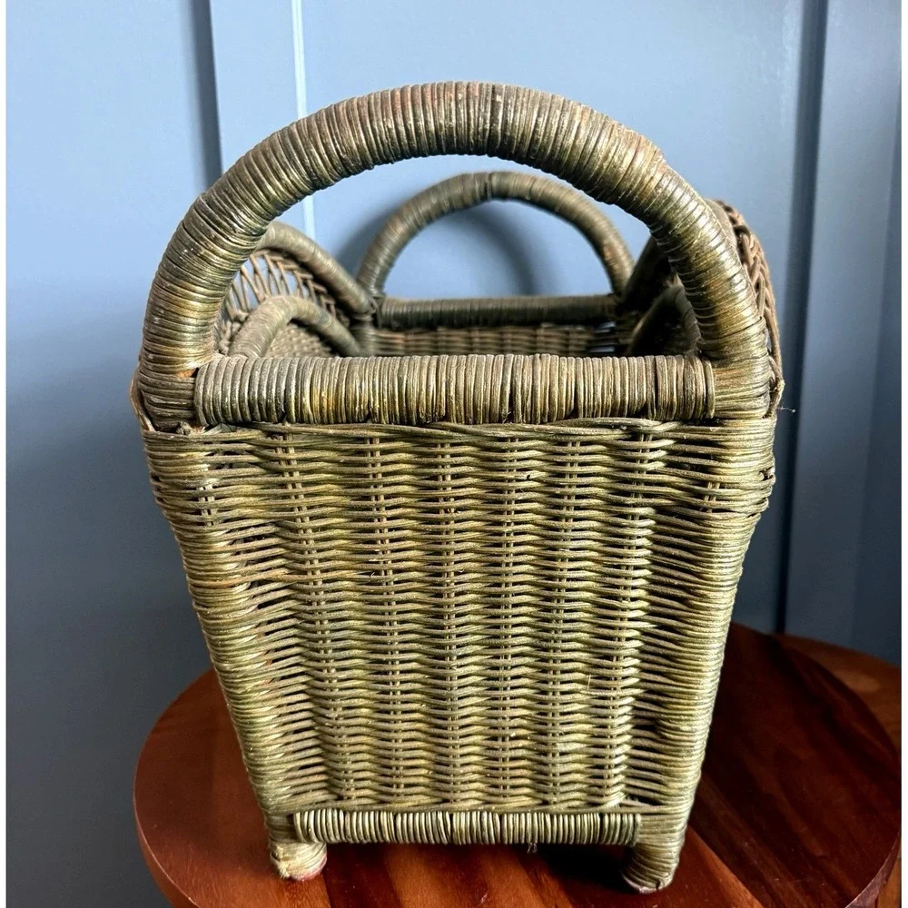 Vintage Woven Rattan Magazine Basket Sage Green‎ Handles 17.5